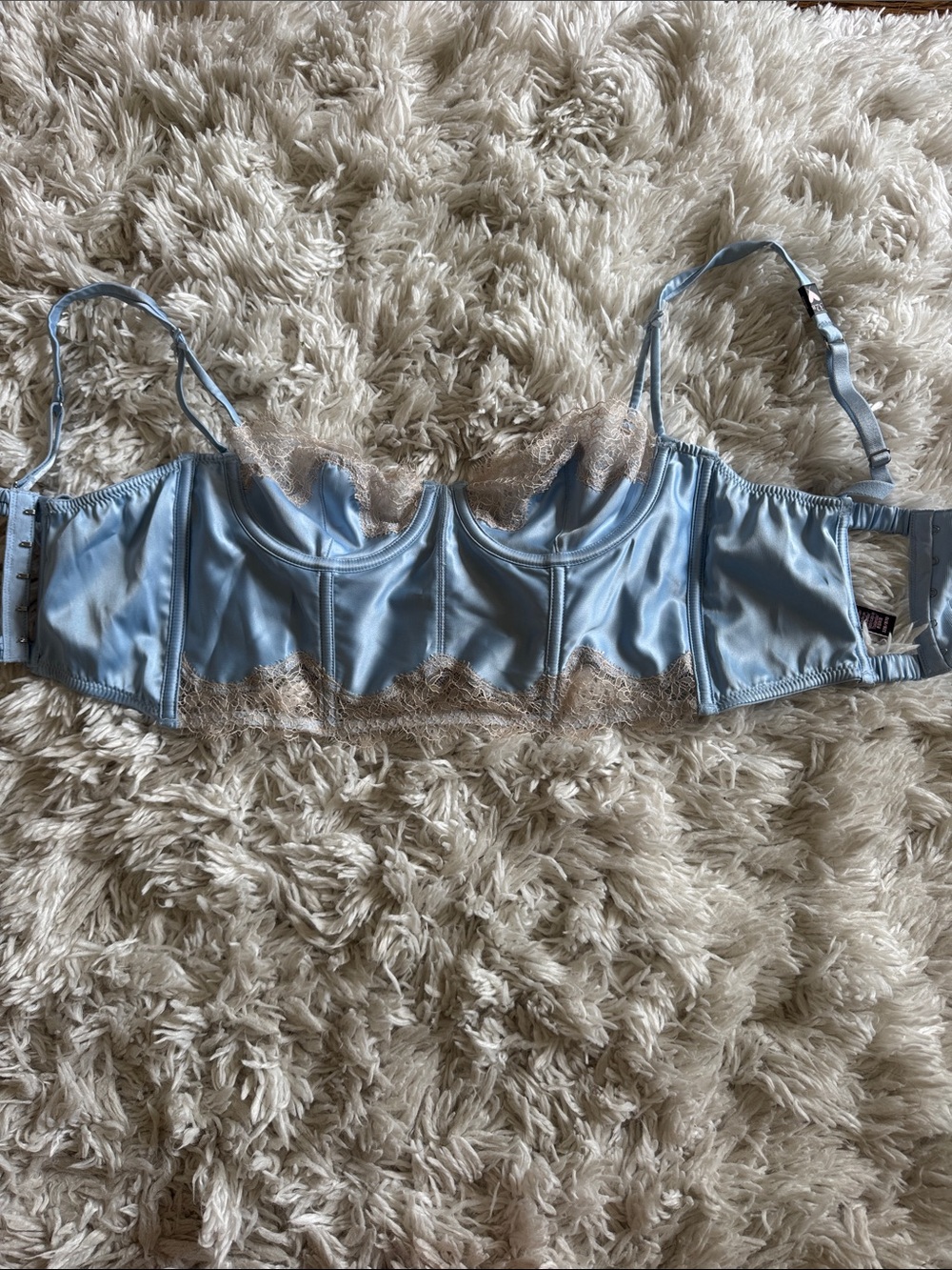Victoria's Secret Powder Blue Satin Longline Bra with Beige Lace